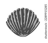 Scallop glyph icon vector illustration. Stamp of closed marine bivalve mollusk in shell, clam shellfish with pearl and conch seafood for restaurant menu, aquatic animal of exotic ocean and sea