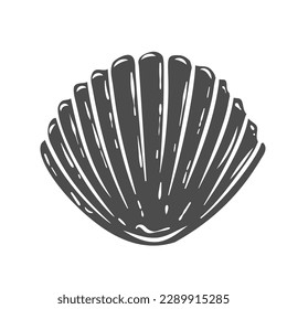 Scallop-Glyph-Symbol, Vektorgrafik. Stempel von geschlossenen Muscheln in der Schale, Muscheln mit Perlen und Konchenkrebs für Speisekarte, Wassertier exotischer Ozeane und Meere