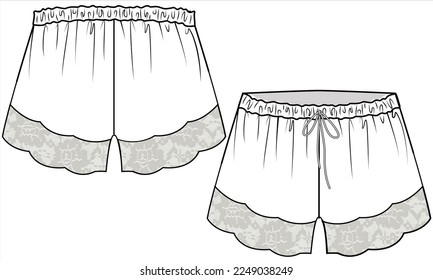 SCALLOP LACE DETAIL 
NIGHTWEAR SHORTS FRONT AND BACK IN VECTOR FILE