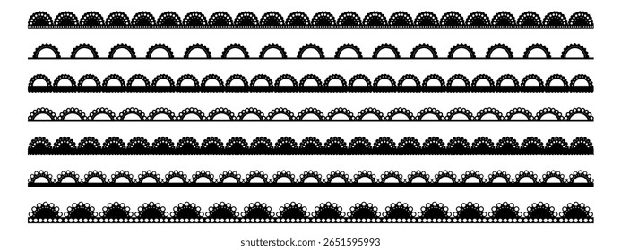Scallop lace edge with border, trim, and vintage pattern in black vector style. Crochet ribbon or embroidery stripe for decoration or card frame design. 