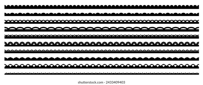 Scallop lace edge frames, borders and dividers, fabric patterns, frill ribbons vector set. Black scalloped elegant stripes with curved ornaments and delicate vintage intricacy, monochrome elements