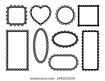 Scallop lace edge frames and borders, frill ribbons with fabric ornament pattern. Vector scalloped round, oval, square, heart and rectangular shapes with black elegant curves boast vintage intricacy