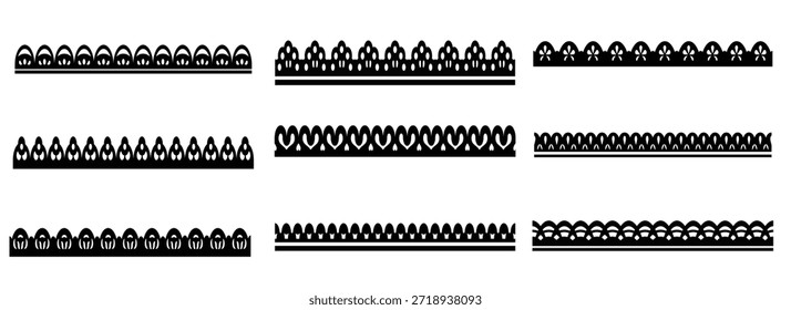 Marcos de borde de encaje de festón, bordes, divisores. Cintas de volantes y adornos de patrón de tela. Conjunto de Vector aislado de intrincadas rayas elegantes negras que realzan el atractivo visual con un diseño elegante y ornamental