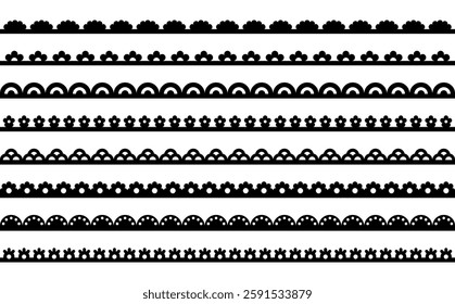 Scallop lace line. Frame border with pattern. Ribbon with ornament on fabric. Set of vector illustrations with stripes isolated on white background.