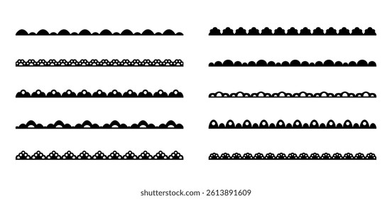 Scallop lace ornament frames, edge borders and dividers, frill ribbons and fabric patterns. Vector set of black horizontal trims ranging from simple waves to intricate dotted and cut out patterns