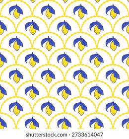 Patrón sin fisuras de la fruta de los limones de la vieira. Diseño amarillo blanco y azul de la fruta del verano para los textiles, decoración de la cocina. Estampado de borde de arco de inspiración mediterránea. Arco de Vector dibujado a mano de fondo de cítricos frescos.
