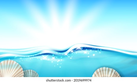 Scallop Mollusk In Ocean Water Copy Space Vector. Scallop Cockleshell Shell In Sea, Marine Seashore Decorative Souvenir. Restaurant Culinary Delicacy Seafood Template Realistic 3d Illustration