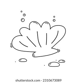 Vieira en el suelo del océano. Ilustración vectorial. Dibujo en blanco y negro de conchas marinas con piedras y burbujas de aire. Estilo de doodle dibujado a mano.