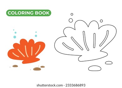 Scallop on ocean floor. Vector illustration. Drawing of sea shell with pebbles and air bubbles. Hand drawn sketch doodle style. Coloring book for kids.