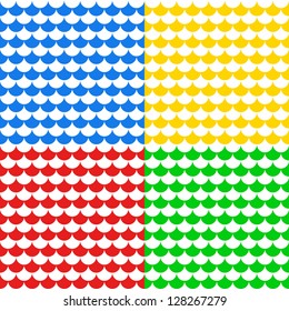 Scallop ornament seamless pattern in four bright colors set, vector