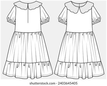 SCALLOP PETER PAN COLLAR TIERED DRESS DESIGNED FOR TEEN AND KID GIRLS IN VECTOR ILLUSTRATION FILE