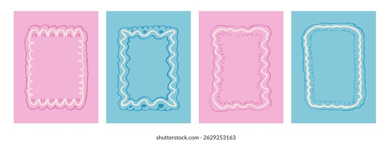 Scallop rectangle frames hand drawn by pencil set. Wavy pink and blue freehand borders by crayon for invitation background. Y2k decorative callouts elements. Vector retro text boxes illustration.