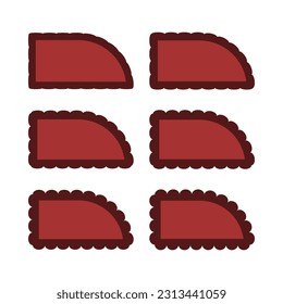 Scallop red one-rounded corner rectangles. A group of 6 rectangular symbols with scalloped edges. Isolated on a white background.