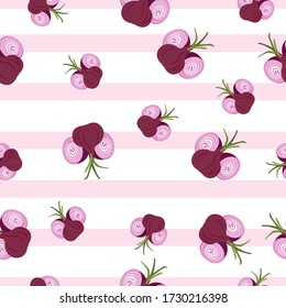 Scallop Red Onion Vegetable Seamless Pattern would be perfect for fabric, textile, gift wrap, wallpaper, surface designer, background, backdrop, and ornament.