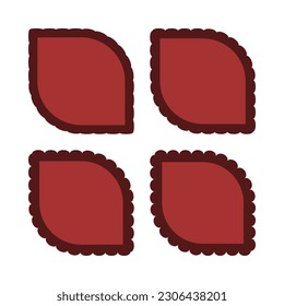 Scallop red two-corner circle leaves. A group of 4 circular line shapes with 2 squared corners and scalloped edges. Isolated on a white background.