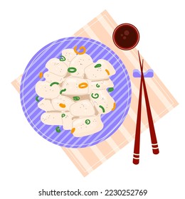 Sashimi de vieiras con semillas de sésamo, togarashi shichimi, cebollas verdes y pimientos calientes. Plato de vieiras con salsa de soja y palillos. La comida asiática. Ilustración vectorial plana aislada de color