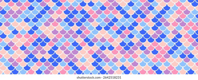 Scallop scale pattern with mermaid and fish motifs. Seamless roof layout with dragon and snake skin texture. Abstract wave background with line detailing. Vector illustration.
