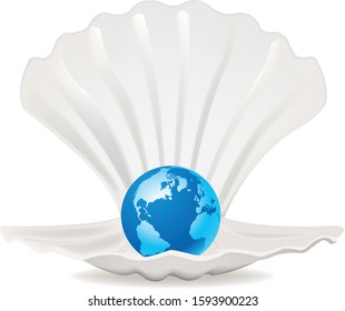 scallop sea shell with planet earth