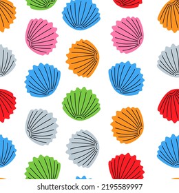 Scallop sea shell seamless pattern. Colored seashell background. Scallop seashell hand drawn pattern
