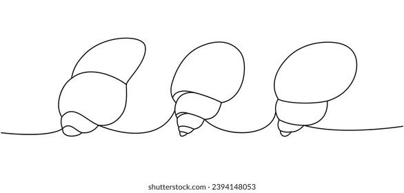 Scallop sea shells. Sea shells, mollusks, scallop, pearls. Tropical underwater shells continuous one line illustration. Vector minimalist illustration