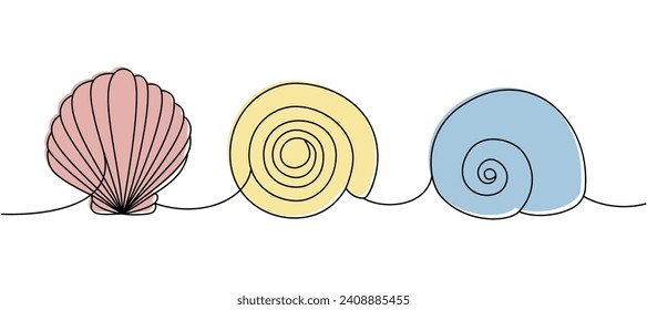 Scallop sea shells. Sea shells, mollusks, scallop, pearls. Tropical underwater shells continuous one line illustration. Vector minimalist illustration