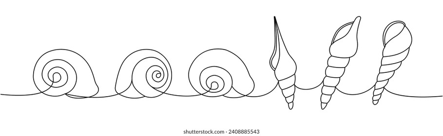 Scallop sea shells set. Sea shells, mollusks, scallop, pearls. Tropical underwater shells continuous one line illustration.