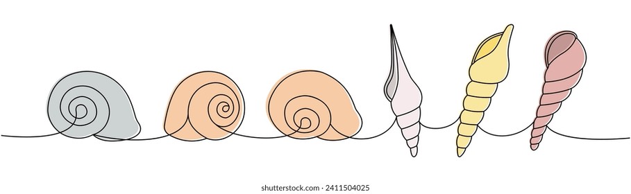 Scallop sea shells set. Sea shells, mollusks, scallop, pearls. Tropical underwater shells continuous one line illustration.
