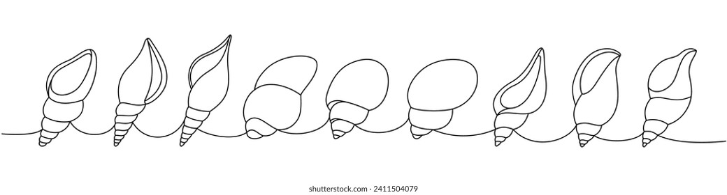 Scallop sea shells set. Sea shells, mollusks, scallop, pearls. Tropical underwater shells continuous one line illustration.