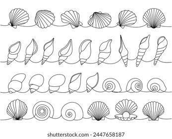 Conchas de mar de vieiras. Conchas de mar, moluscos, vieiras, perlas. Ilustración continua de una línea de conchas submarinas tropicales.