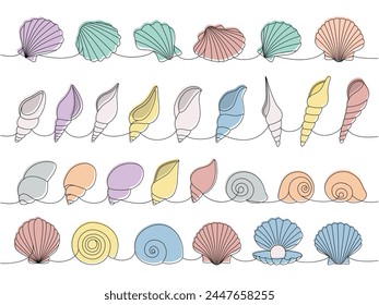 Conchas de mar de vieiras. Conchas de mar, moluscos, vieiras, perlas. Ilustración continua de una línea de conchas submarinas tropicales.