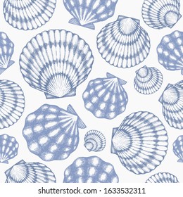 Scallop seamless pattern. Hand drawn vector seafood illustration. Engraved style seashell. Vintage mollusk background. Pearl shell illustration