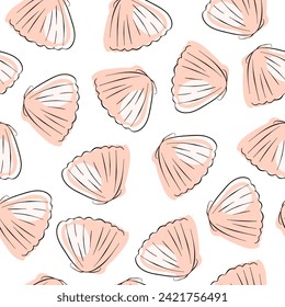 Scallop seamless pattern in line art style. Undersea background design of seashell. Vector illustration on a white background.
