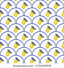 Vieira padrão sem emenda com limões rabiscos ingênuos. Design de frutas de verão para têxteis, decoração de cozinha. Impressão de borda em arco de inspiração mediterrânea. Vetor arco mão desenhado fundo de frutas cítricas frescas.
