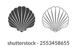 Scallop seashell logo. Isolated silhouette and contour drawing of a scallop on a white background
