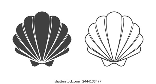 Scallop seashell logo. Isolated silhouette and contour drawing of a scallop on a white background. Vector