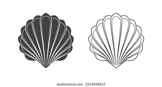 Scallop seashell logo. Isolated silhouette and contour drawing of a scallop on a white background