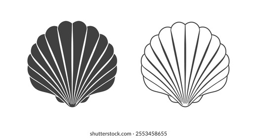 Scallop seashell logo. Isolated silhouette and contour drawing of a scallop on a white background