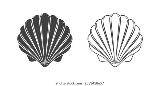 Scallop seashell logo. Isolated silhouette and contour drawing of a scallop on a white background