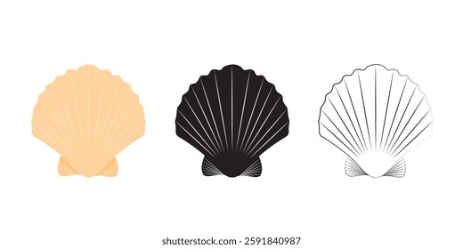 Scallop seashell logo. Isolated silhouette and contour drawing of a scallop on a white background. Vector