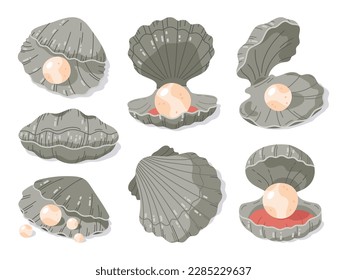 Scallop seashell with pearls. Open shells with precious pearl, clam sea shellfish. Marine fauna flat vector illustration collection