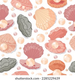 Scallop seashell with pearls seamless pattern. Shells with pearls, open clam sea shellfish. Ocean fauna flat vector background illustration
