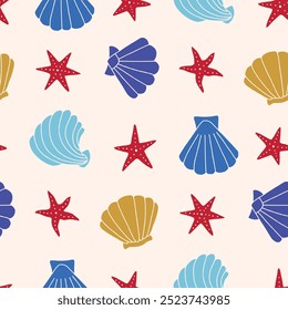 Scallop Seashell Starfish Vetor padrão sem costura ilustração para impressão, papel de parede, decoração.