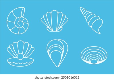 Scallop seashells icons set logo. Isolated silhouette and contour drawing of a scallop on a white background