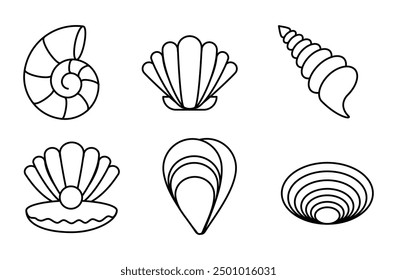 Scallop seashells icons set logo. Isolated silhouette and contour drawing of a scallop on a white background