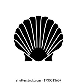 Scallop shell black glyph icon. Exotic seashell, decorative conch. Ocean souvenir, conchology silhouette symbol on white space. Chlamys imbricatus. Oyster, clam shell vector isolated illustrations