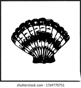 Scallop shell in black vector. Isolated on a white background. Realistic illustration of a scallop shell in black color. Beautiful children's drawing. Can be used for icons, books, blog and interior.