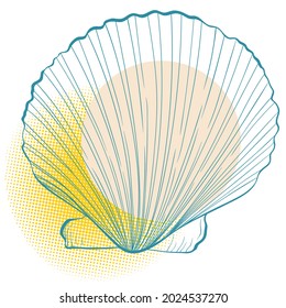 Scallop shell in line art style on spotted background. Vector color hand drawn illustration. Elements for design seafood shop or menu, decor, label, print, poster, t-shirt.