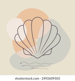 Scallop shell on blobs background. Shellfish delicacy silhouette in thin lines minimalist style, emblem for the menu of the seafood restaurant.