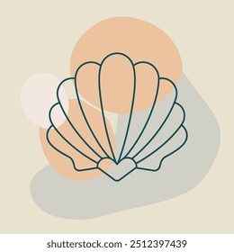 Shell de vieira no plano de fundo dos blobs. Silhueta delicadeza mariscos em linhas finas estilo minimalista, emblema para o menu do restaurante frutos do mar.