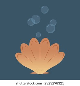 Scallop-Muschel auf dunkelblauem Hintergrund mit Luftblasen oben. Flache Vektorgrafik.